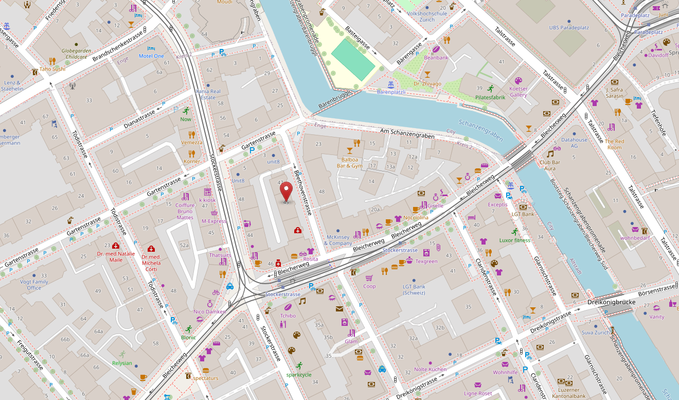 Karte mit Markierung an der Beethovenstrasse 45 in Zürich